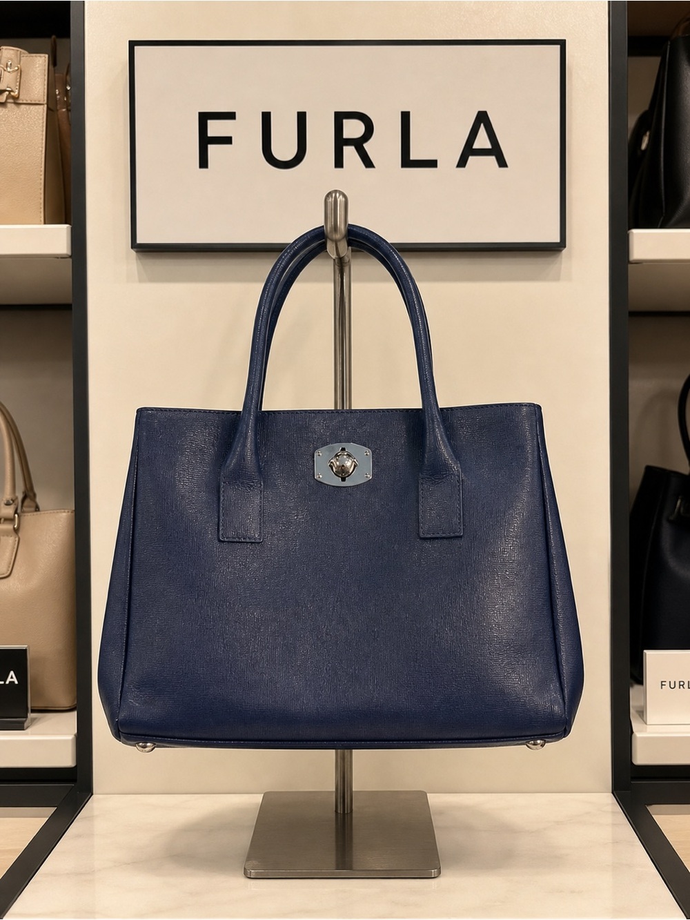 Furla Appaloosa leather hand bag in blue with a silver-tone twist-lock closure.